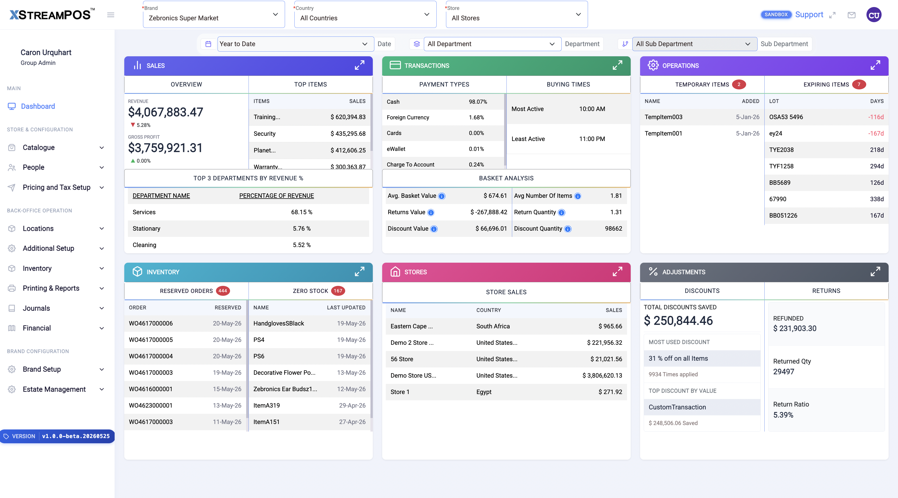 XStreamPOS back office dashboard